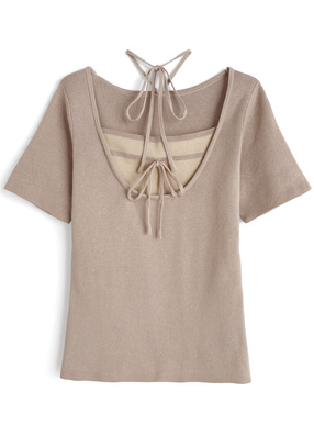 配色レイヤード風ネックリボンニットトップス