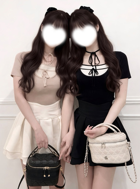 配色レイヤード風ネックリボンニットトップス