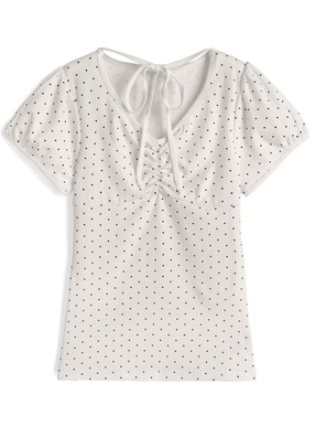 ドット柄ネックリボンギャザートップス