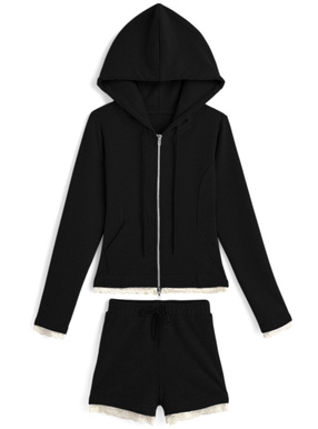 レーストリムダブルジップパーカー×ショートパンツセットアップ