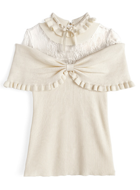 リボンフリルレース切替ニットトップス