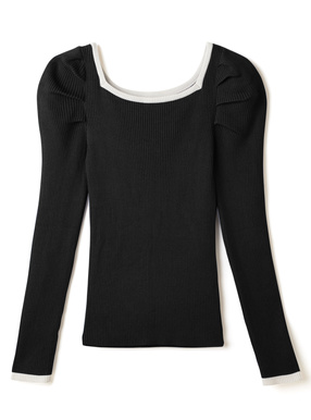 配色パイピングスクエアネックパワーショルダーニットトップス