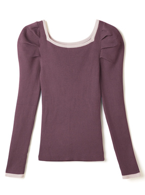 配色パイピングスクエアネックパワーショルダーニットトップス