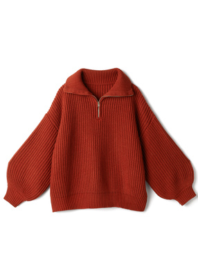 ビッグカラージップボリュームスリーブニットトップス