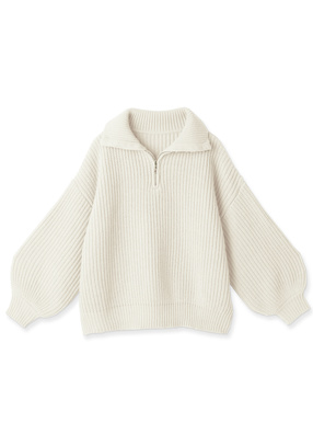 ビッグカラージップボリュームスリーブニットトップス