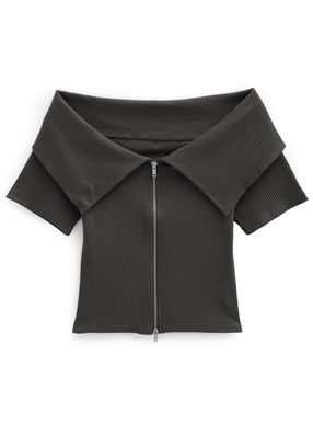 オフショルダブルジップテレコトップス