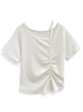 ギャザーアシンメトリーテレコリブトップス