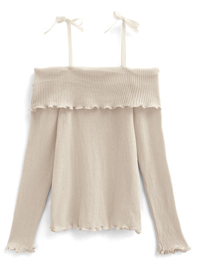 ショルダーリボンオフショルダーメロウリブトップス