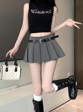 インパン裏地・ベルト付プリーツミニスカート