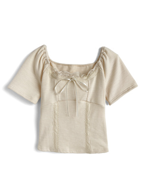 リボンレース切り替えリブトップス