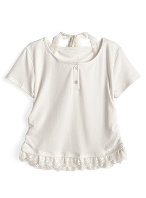 レースレイヤード風ヘンリーネックTシャツ