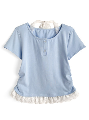 レースレイヤード風ヘンリーネックTシャツ