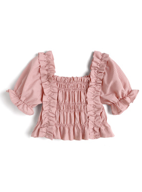 ギンガムチェック柄フリルパフスリーブブラウス