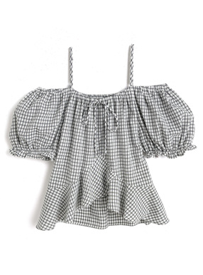 チェック柄リボンフリルオフショルダーブラウス