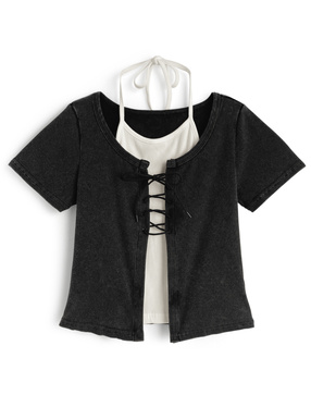 レースアップレイヤード風リブトップス