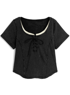 レースアップショート丈リブトップス