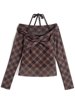 ホルターネックチェック柄シアーオフショルダートップス