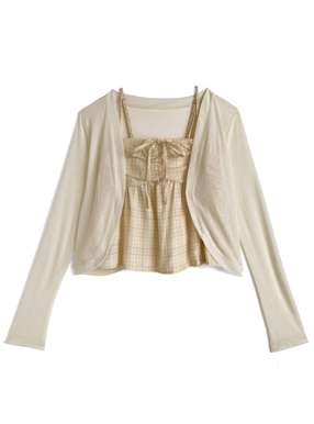 カーディガン×チェック柄キャミソールアンサンブル