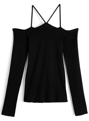 ホルターネックオフショルダーリブニットトップス
