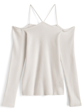 ホルターネックオフショルダーリブニットトップス
