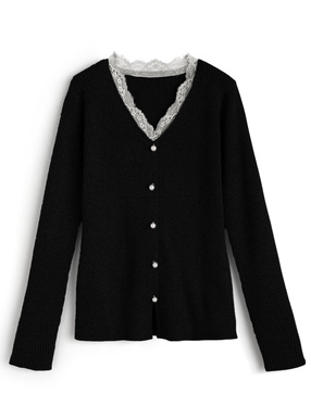 パールボタンレースリブニットトップス