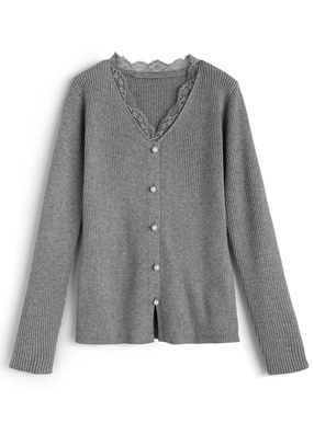 パールボタンレースリブニットトップス