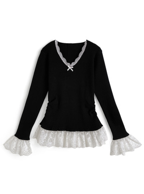 レースドッキングVネックリブニットトップス
