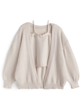 ロングカーディガン×レースキャミソールニットアンサンブル