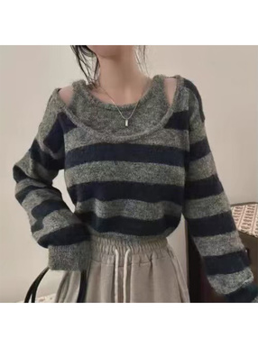 ボーダー柄レイヤード風ニットトップス