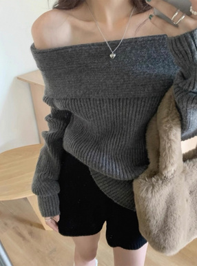 オフショルダーリブニットトップス