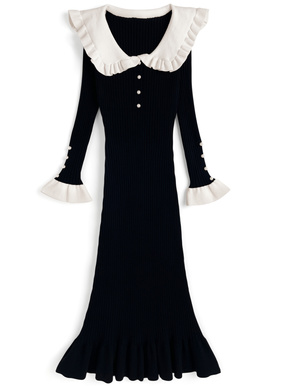 フリルカラー配色リブニットワンピース