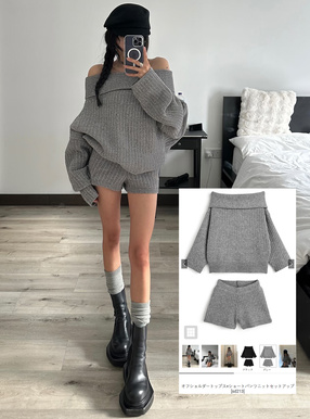 オフショルダートップス×ショートパンツニットセットアップ