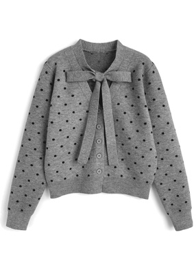 ドット柄リボンタイニットカーディガン
