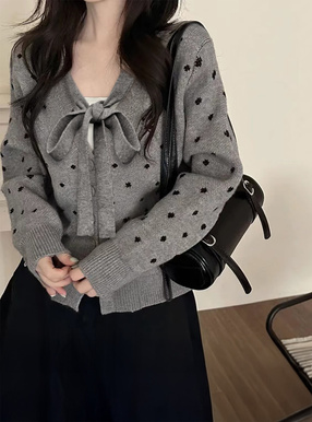 ドット柄リボンタイニットカーディガン