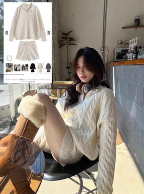 スキッパーケーブル編みニットトップス×ショートパンツセットアップ