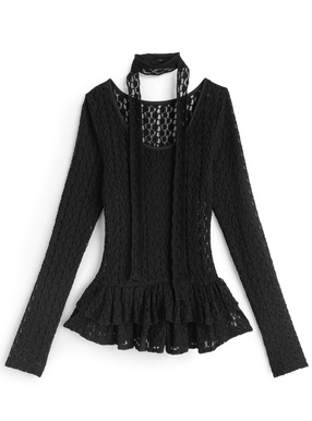 タイ付きフラワーレースフリルトップス