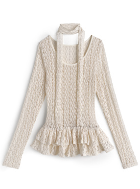 タイ付きフラワーレースフリルトップス