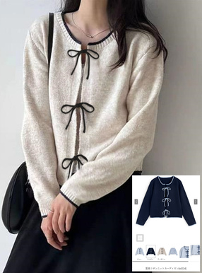 配色リボンニットカーディガン