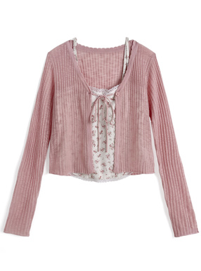 花柄キャミソール×シアーニットカーディガンアンサンブル