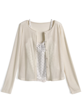 ドット柄キャミソール×シアーニットカーディガンアンサンブル