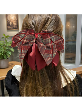 チェック柄ビッグリボンヘアクリップ