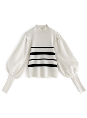 ボーダー柄モックネックリブニットトップス