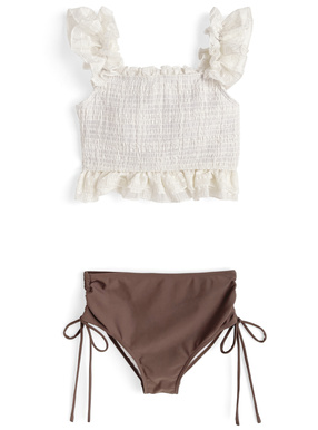 シアーチェック柄フリルドロストビキニ水着