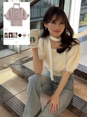 タイ付きシャギーニットトップス