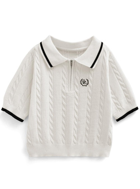 ハーフジップロゴ刺繍ケーブル編みニットトップス