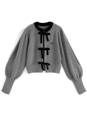 ロゴ刺繍配色リボンニットカーディガン