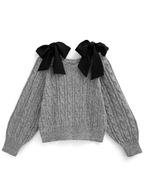 オフショルダーリボンケーブル編みニットトップス