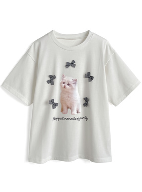 キャットチェック柄リボンTシャツ
