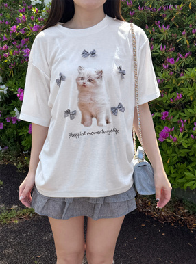 キャットチェック柄リボンTシャツ
