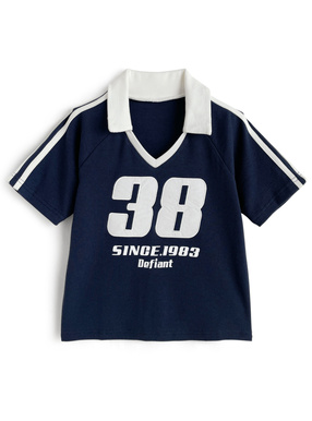 ナンバーロゴ配色ラインスキッパーリブトップス